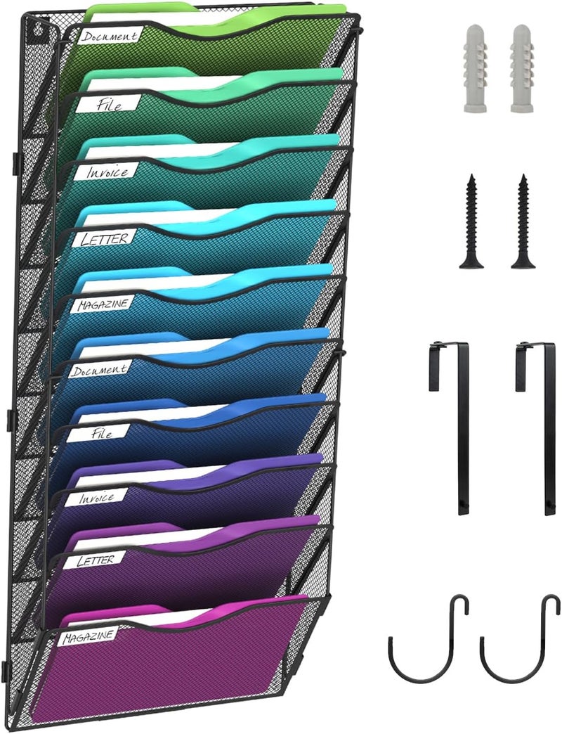 BOHDK 10 Pocket Mesh Hanging Wall File Organizer, Wall Mounted Mail Paper Document Folder Holder, Foldable File Folder Organizer with Label Panel | 2 Hooks | Office Home School Organizer, Black - Image 1